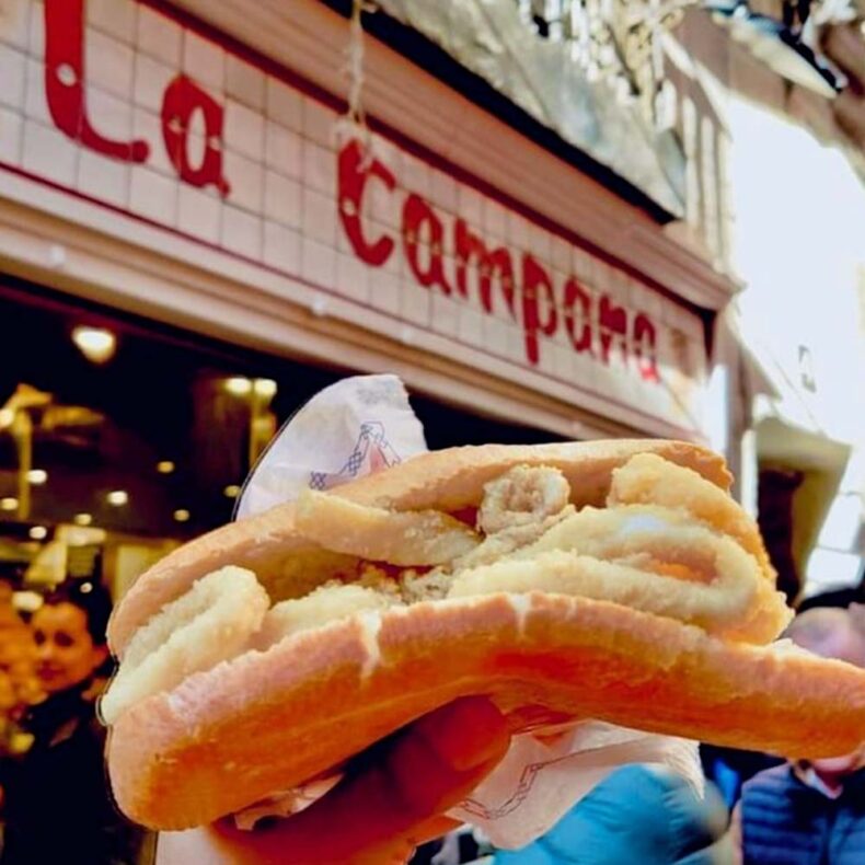 Popular snack in Spain is the bocadillo de calameres – fried calamari ring sandwich