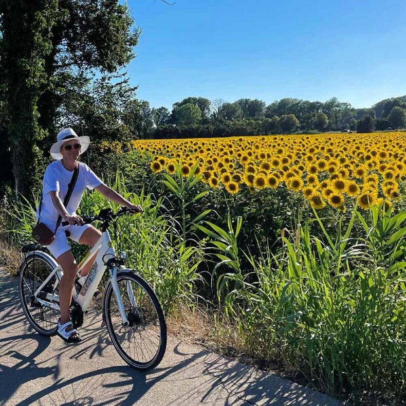 Baltic Outlook journalist Una Ulme riding a bike near the sunflowers field in Pisa