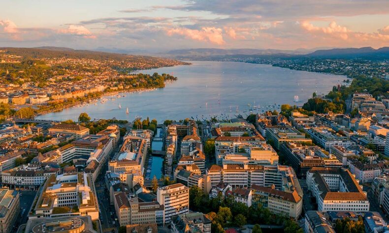 An aerial view of Zurich city and lake