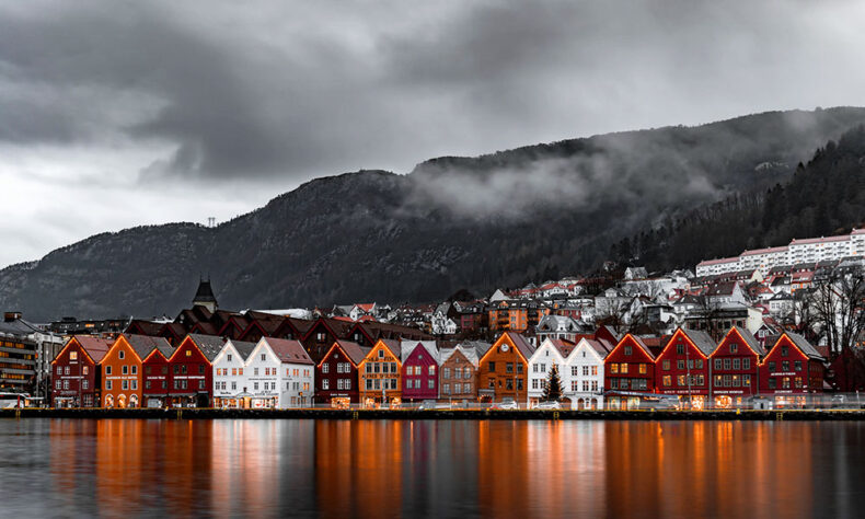 Colourful wooden houses by the fjord in Bergen