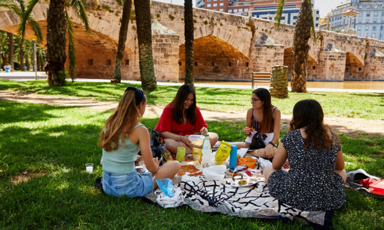 Women having a picnic in the Jardines del Real park in the city centre