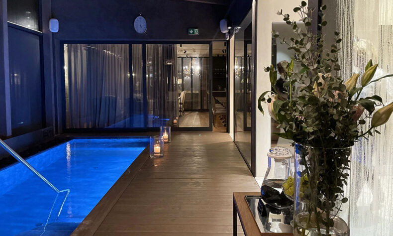The shungite stone relaxation area with two saunas and a pool at the Frost Boutique Hotel