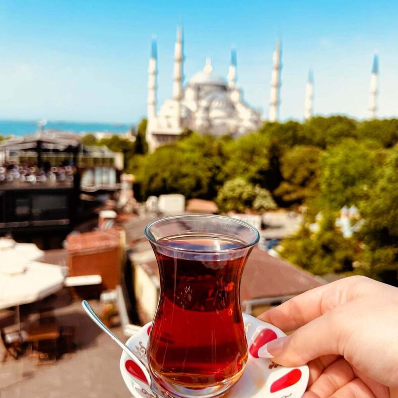 In Istanbul black coffee or tea is served in tulip-shaped glasses