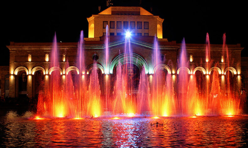 In the evening in Yerevan enjoy the spray of the unique dancing fountains and light show