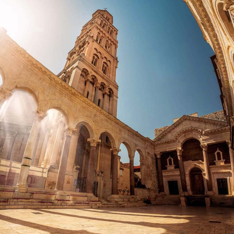 The stone-paved Peristil square with Split cathedral