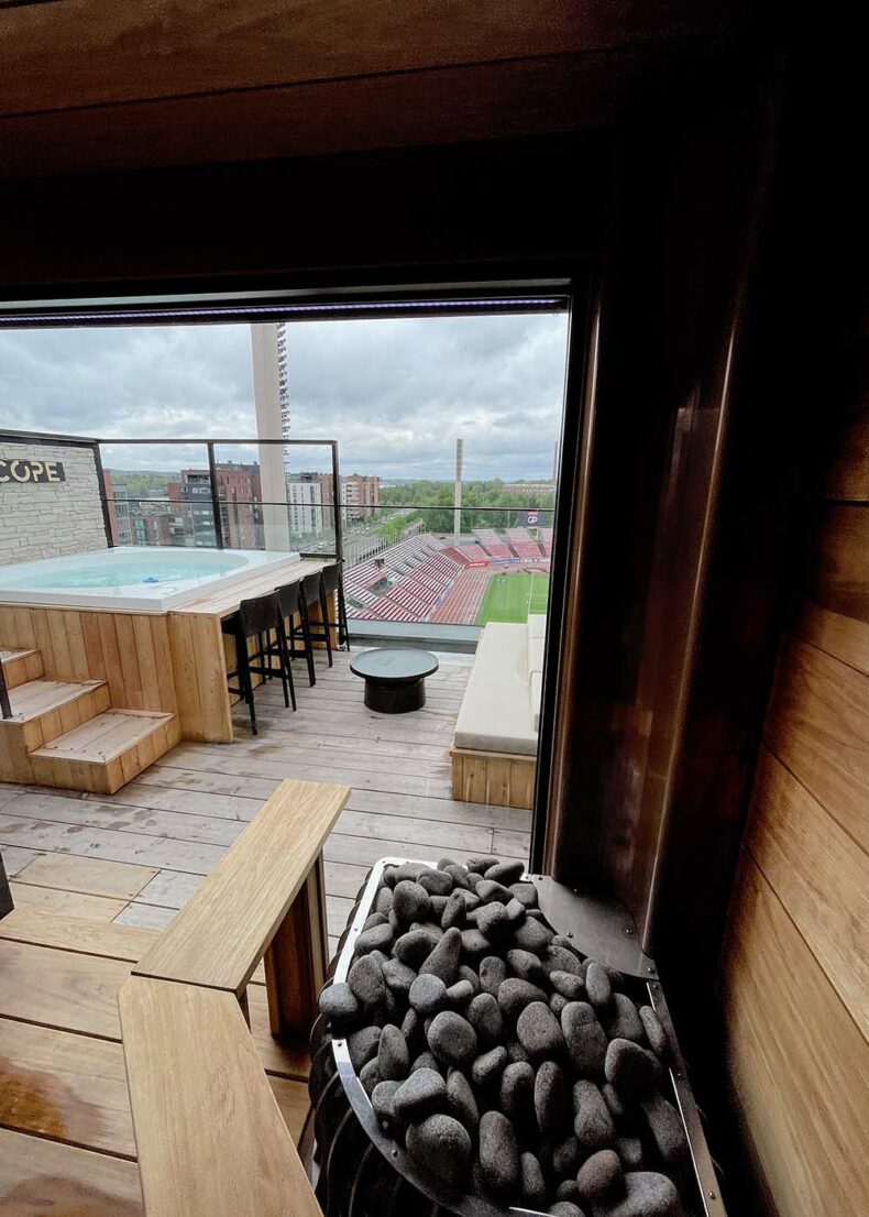 At the Periscope enjoy the rooftop sauna and view of the stadium from the jacuzzi