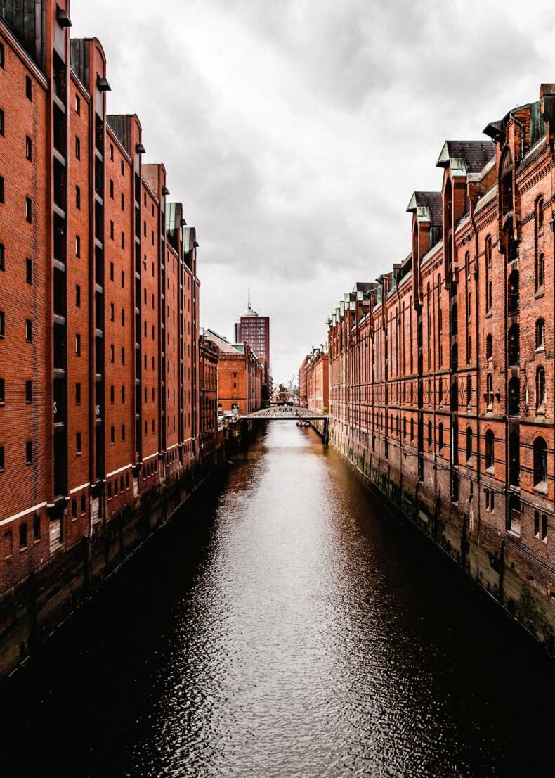 Speicherstadt - the historic warehouse district with neo-Gothic red-brick buildings and canals