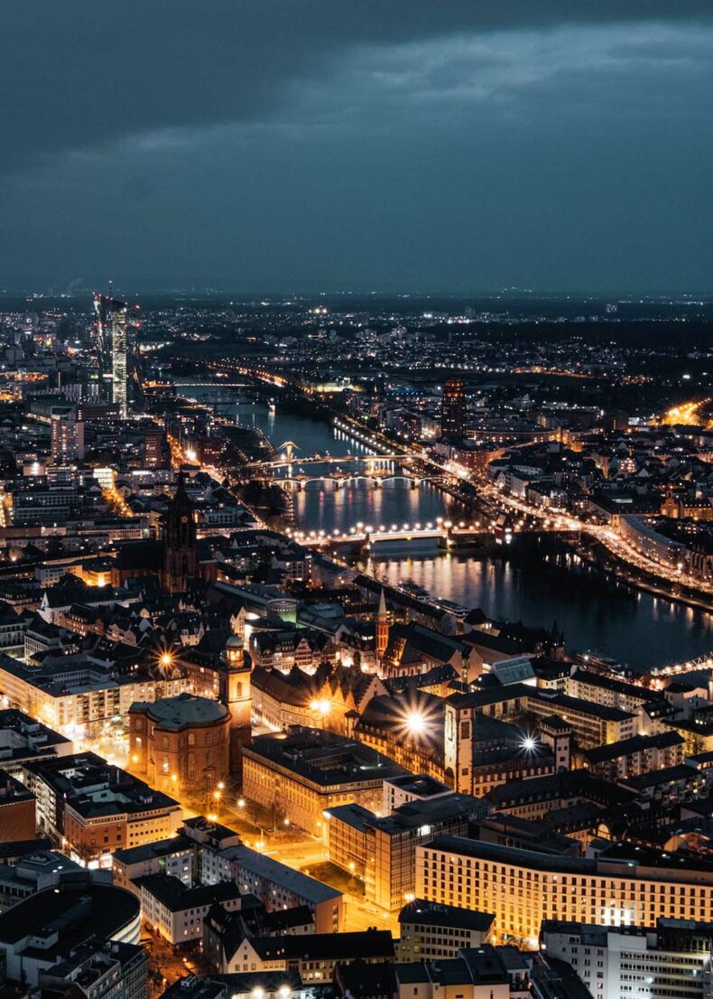 The view of the Frankfurt city at night from the Main Tower observation deck