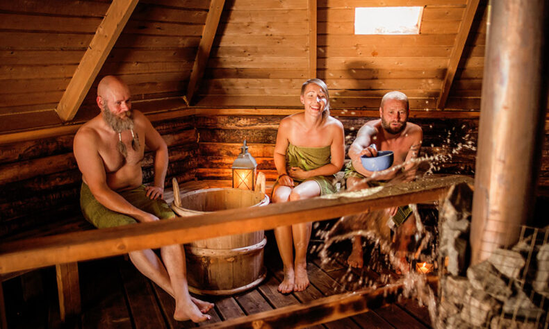 Finnish saunas tend to be drier and hotter; usually, the heat can be increased by throwing water on the hot stones