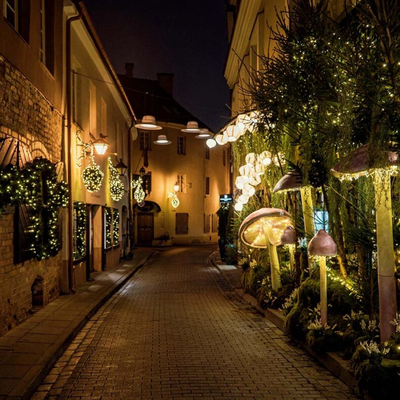 Take a walk through the Vilnius Old Town to appreciate the Christmas light festival