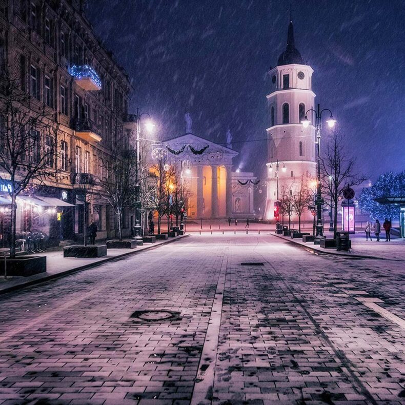 View to the Vilnius cathedral at snowy nighttime