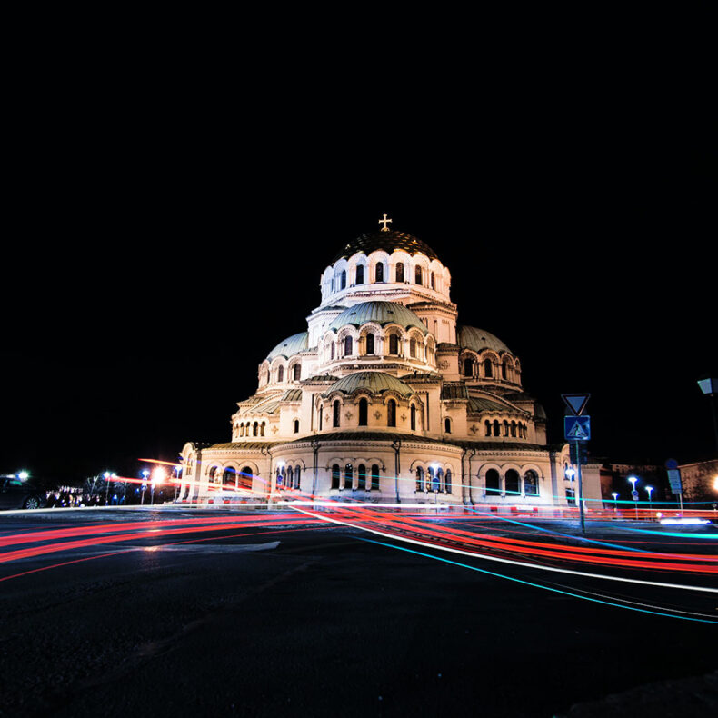 The Orthodox Alexander Nevsky Cathedral in Sofia during the nighttime