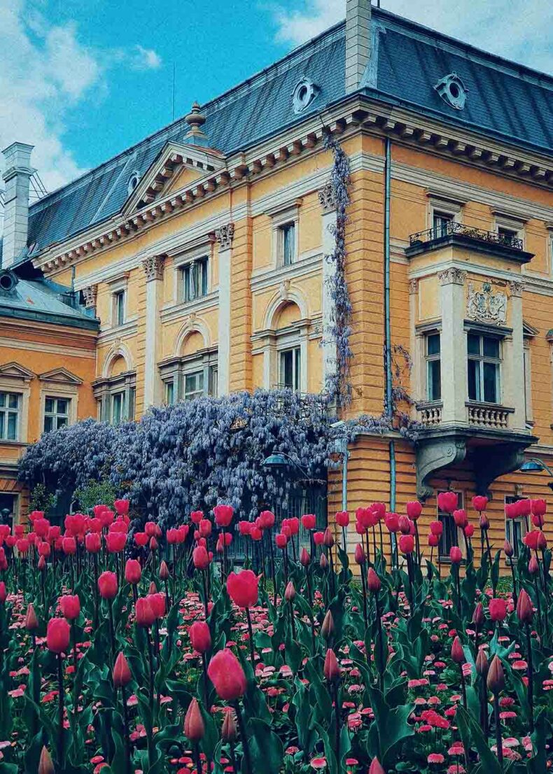 Tsar's Palace in Sofia with a colorful flower garden