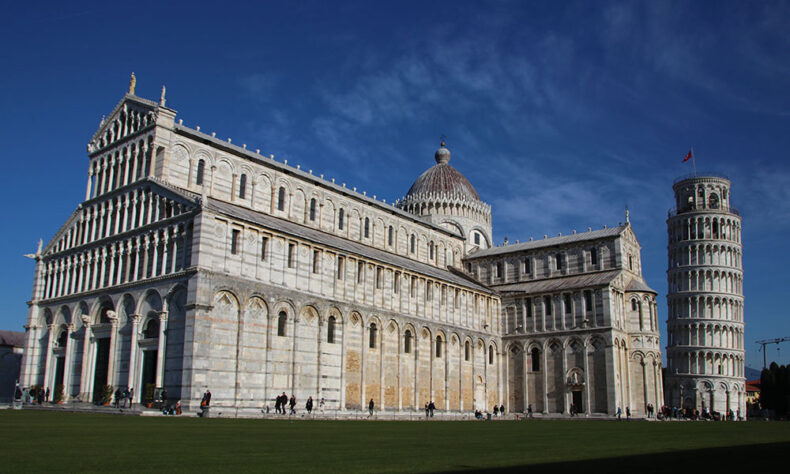 56-metre-tall Pisa tower serves as the bell tower for the next standing cathedral