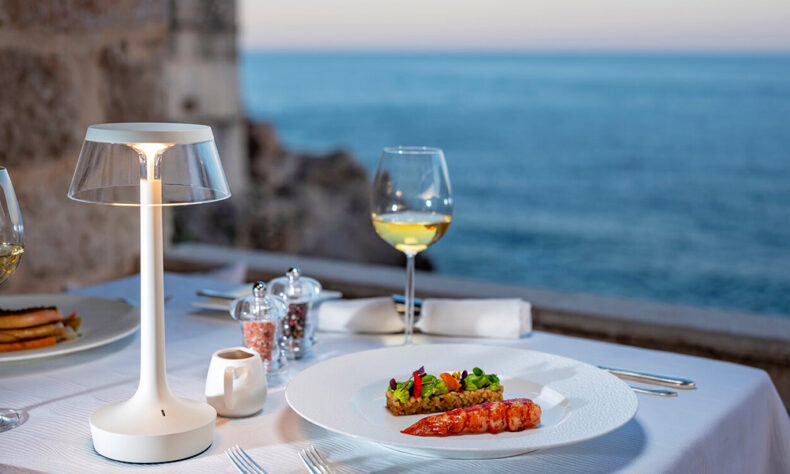 Fresh seafood dish and wine at the Nautika restaurant in Dubrovnik