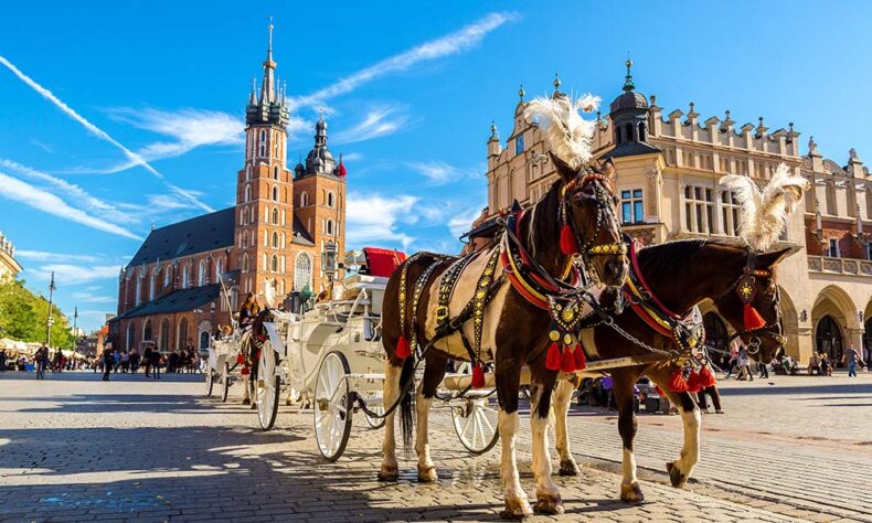 Horse carriages at the Krakow Market Square