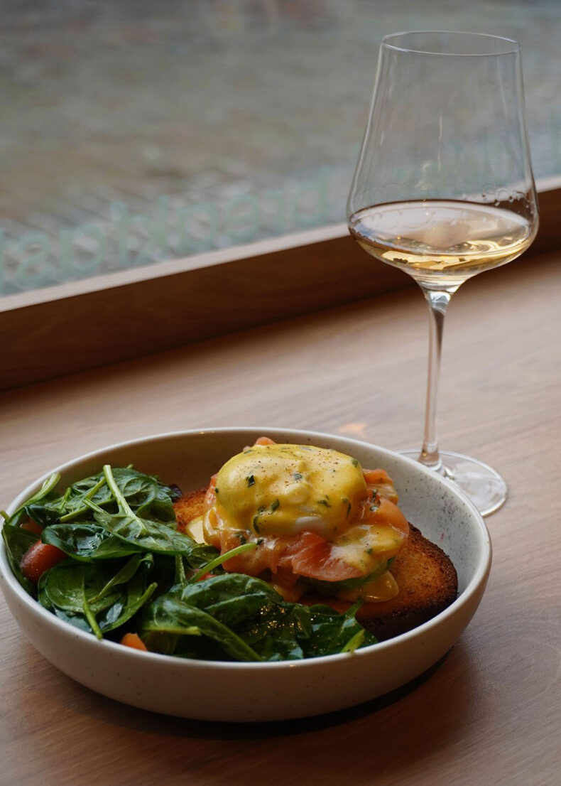 Eggs Benedict on brioche complemented by a well-considered list of breakfast bubbles at Lowine