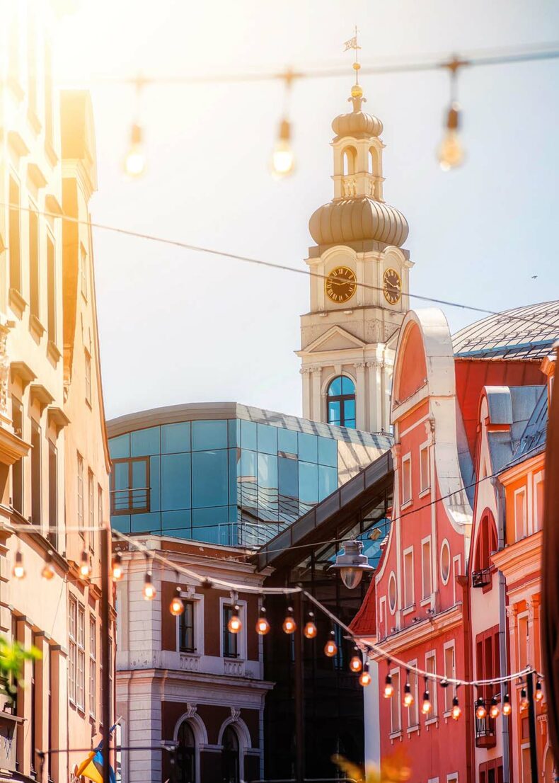 A street view of Riga's Old Town on a sunny day