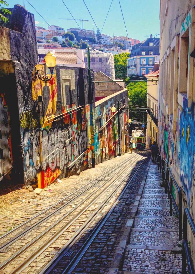 Tram rail between walls with Lisbon's street artist works