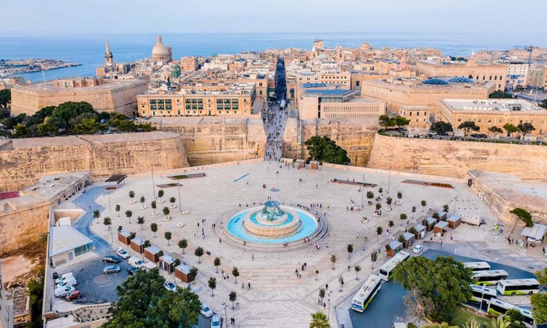 Panoramic view of the Triton Fountain in Valletta