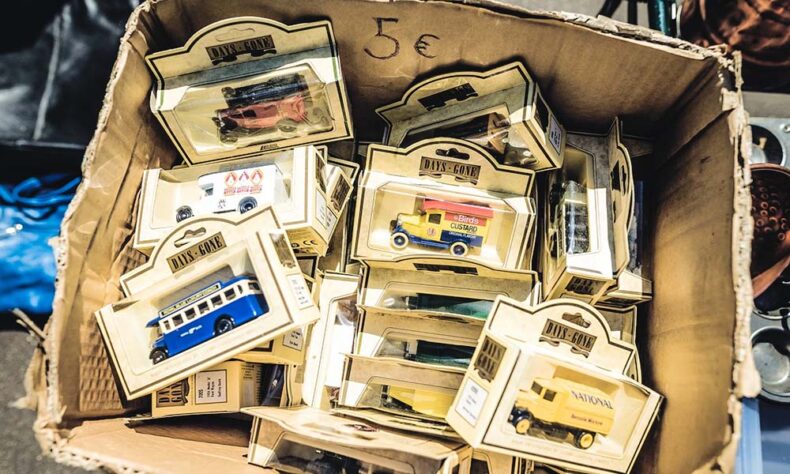 A selection of antique car models at the Agenskalns flea market