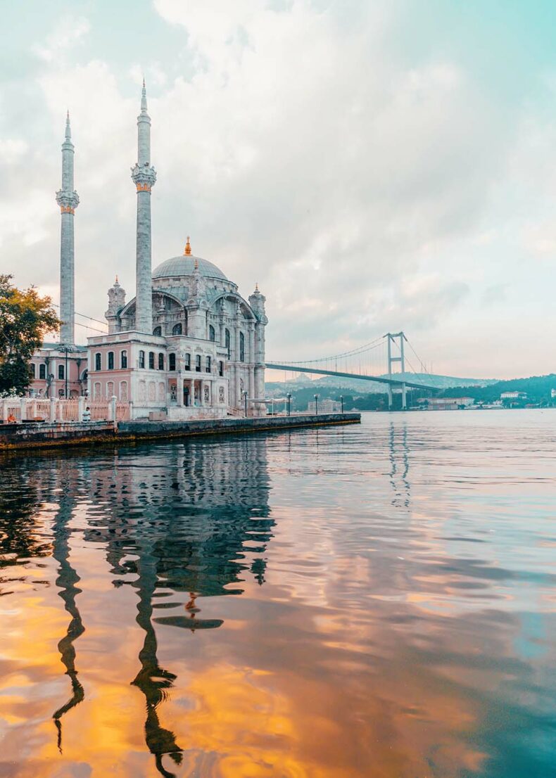 An early morning view of Bosphorus bridge and Buyuk Mecidiye Mosque