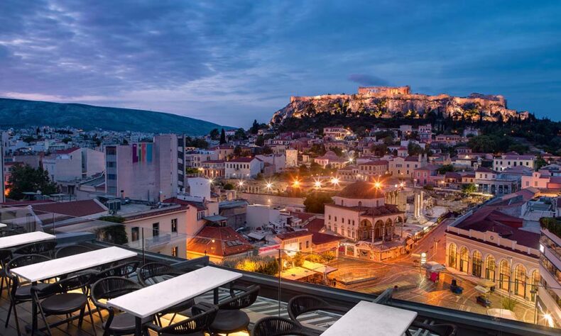 An Instagrammable vista from the rooftop terrace of A for Athens