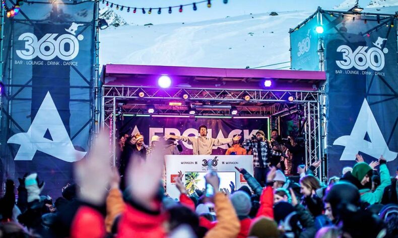 Bar 360 party in Val Thorens with mountains in the background