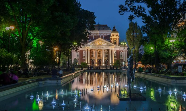 Fountains in front of the National Theater of Sofia in the City garden