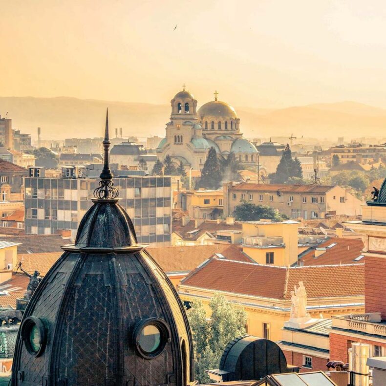 Sofia's cityscape with elegant buildings and the majestic Vitosha Mountain dominates the skyline