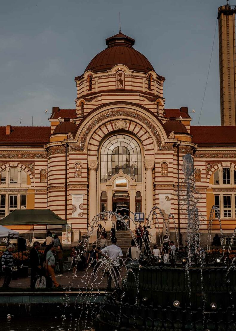 The entrance of the Regional History Museum of Sofia and the fountain in front of it