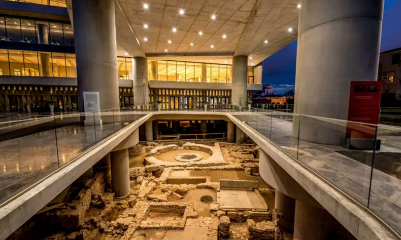 The first floor of the Acropolis Museum, with exposed historical foundations