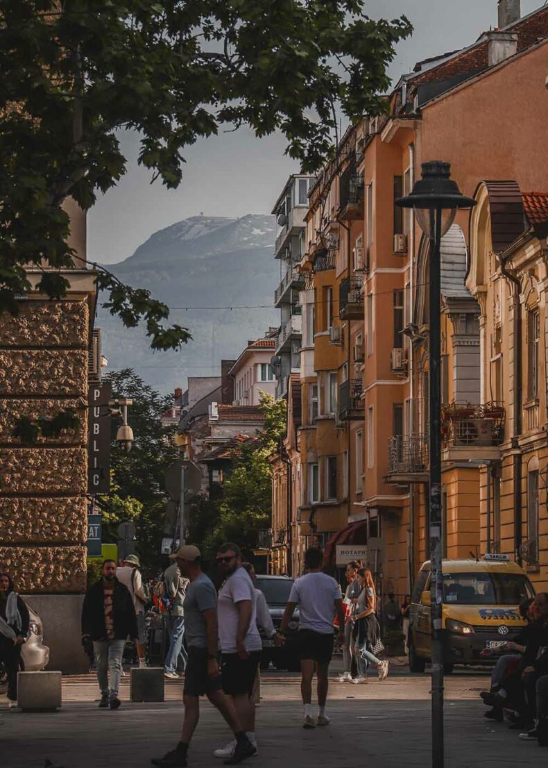 Vitosha Boulevard with Vitosha Mountain in the background