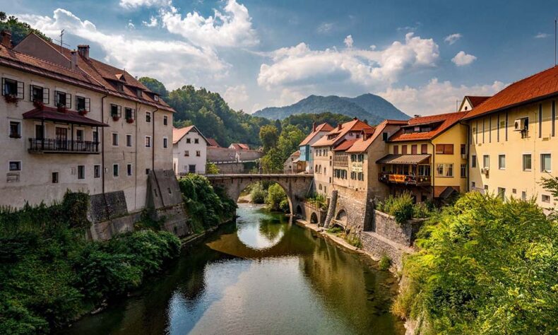 The Selca Sora river under the Capuchin Bridge in Škofja Loka