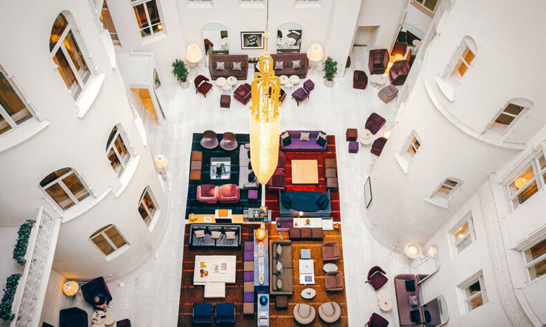 Magnificent Nobis Hotel Stockholm lounge is with a ceiling height of 28 meters