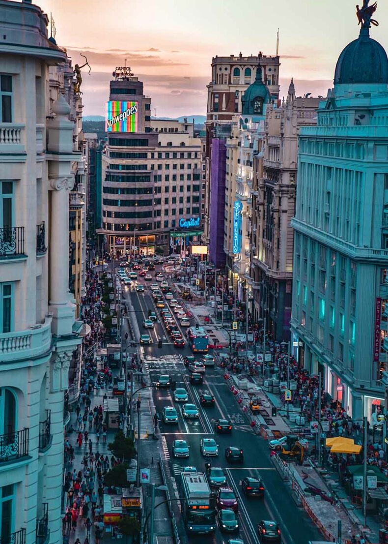 Gran Vía Boulevard with the iconic Schweppes sign is a classic Instagram shot