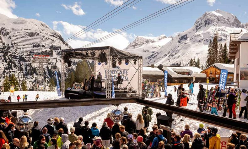 People enjoying time at the Tanzcafé Arlberg Music Festival at Lech Zürs