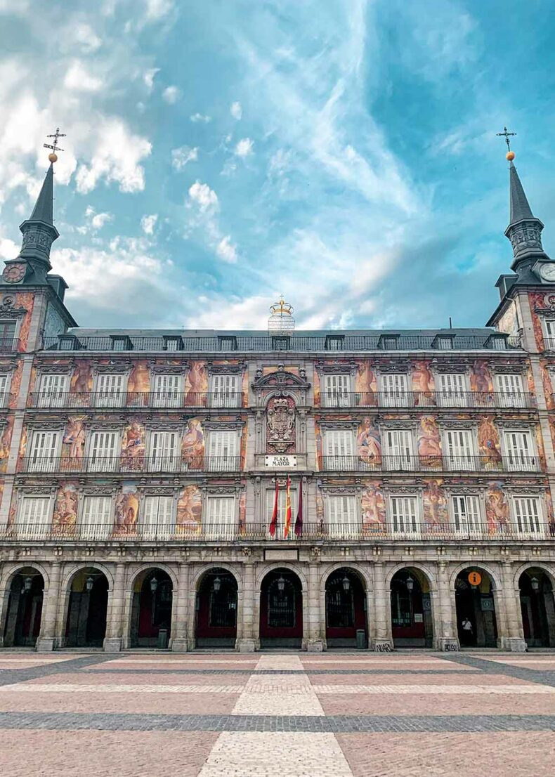 Plaza Mayor with terracotta façades and 17th-century balconies