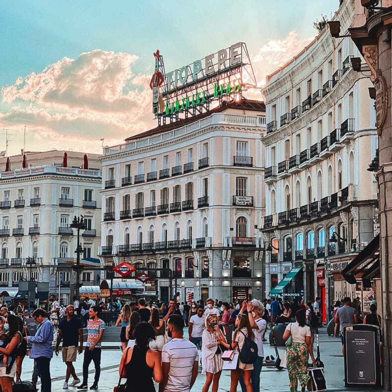 Puerta del Sol, Madrid square, with the famous Tío Pepe neon sign and Kilometre Zero