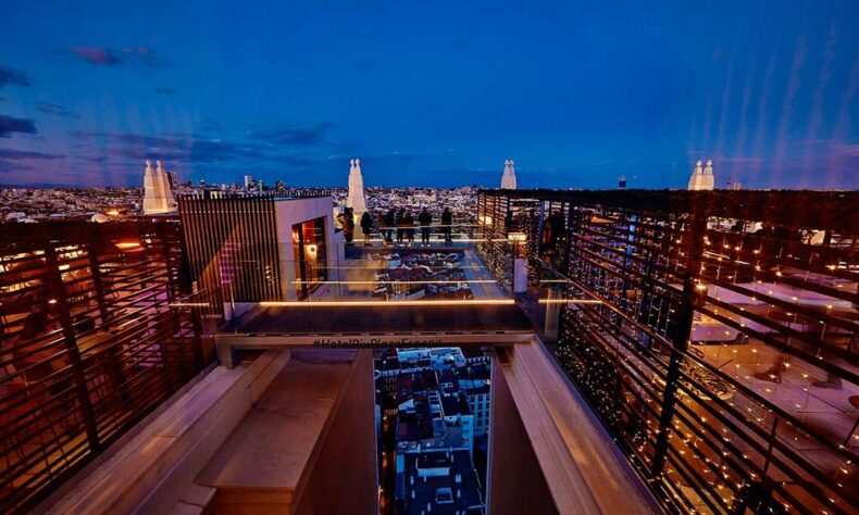 The Hotel Riu Plaza España, with its glass-floor skywalk, offers an incredible view of Madrid