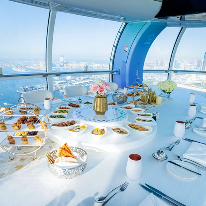 Combine gourmet dining with a perfect view of Bluewaters Island in Dubai from Ain Dubai