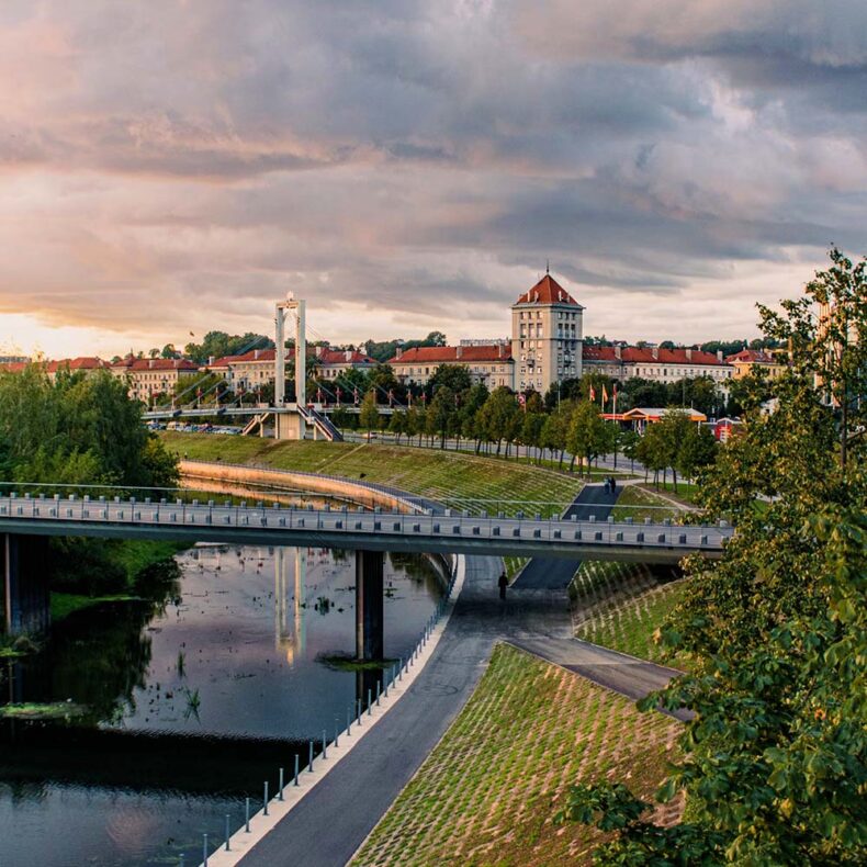 A view of Kaunas center from above, seeing the river and the emblematic bridges and the buildings