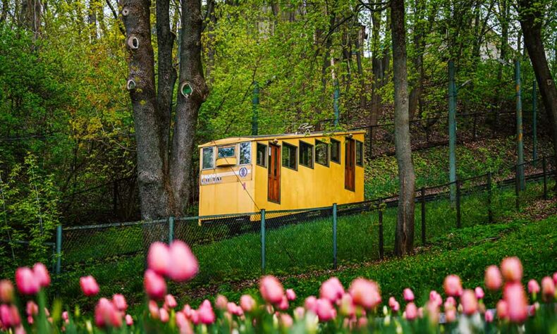 The Žaliakalnis Funicular which transports passengers from the city centre to Christ’s Resurrection Basilica