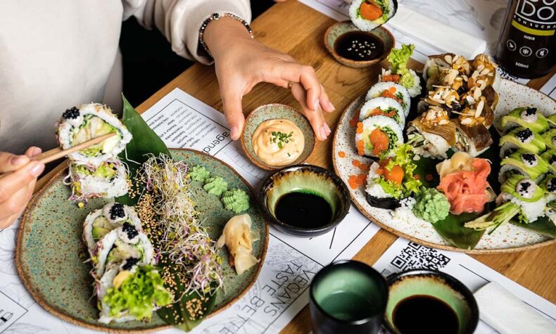 Colorful vegan sushi rolls with vegetables and plant-based ingredients served at Vegan Sushi Bar in Warsaw