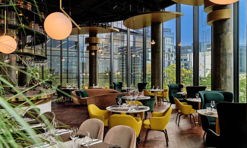 The stylish four-star Crowne Plaza Warsaw bar with sweeping views of the city skyline
