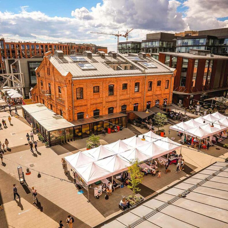 View from birds view to the Praga Koneser Centre which combines shopping, dining, and entertainment in a historic factory setting
