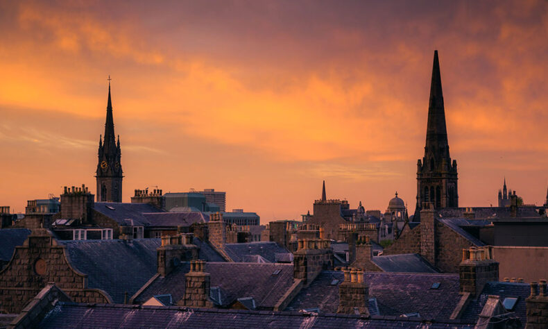 Known as the “Granite City” - skyline of Aberdeen during a sunset