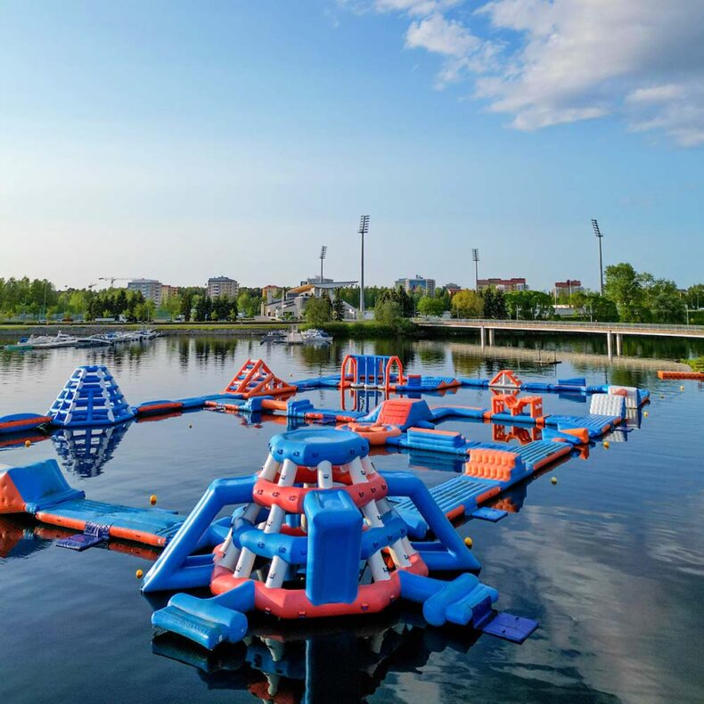 The giant floating Lappis water park offers challenge and fun experiences for all ages