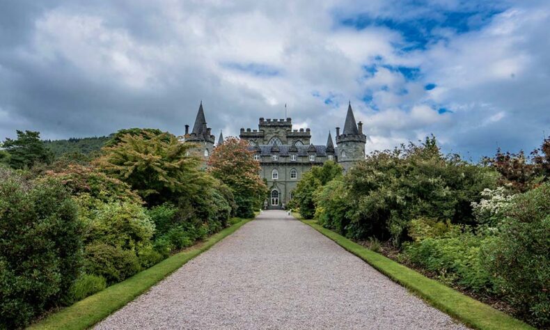 The road to Inveraray Castle in Aberdeenshire which boasts more castles than anywhere else in the British Isles