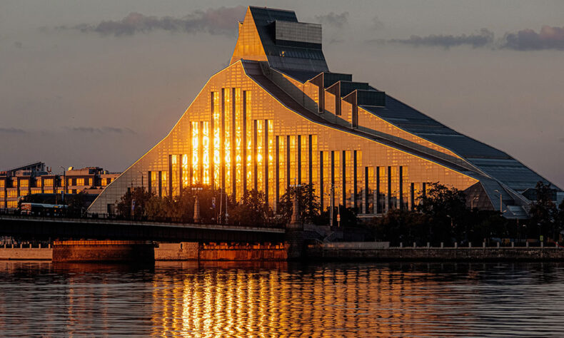 National Library of Latvia upward-reaching asymmetrical silhouette rises above the left bank of the Daugava